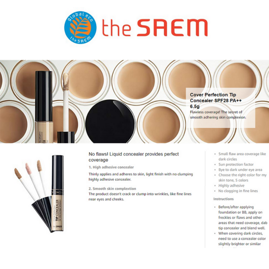 THE SAEM Cover Perfection Tip Concealer SPF28/PA++, 6.8g/ 0.24oz